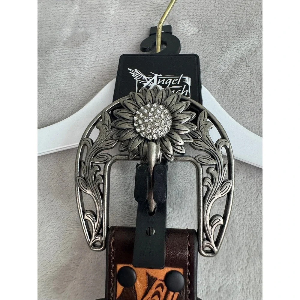 Angel Ranch‎ Western Belt Sunflower Crystal Buckle Leopard Print Leather Size L